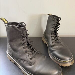 Dr. Martens Black Leather Lace-Up Combat Boots with Yellow Stitching